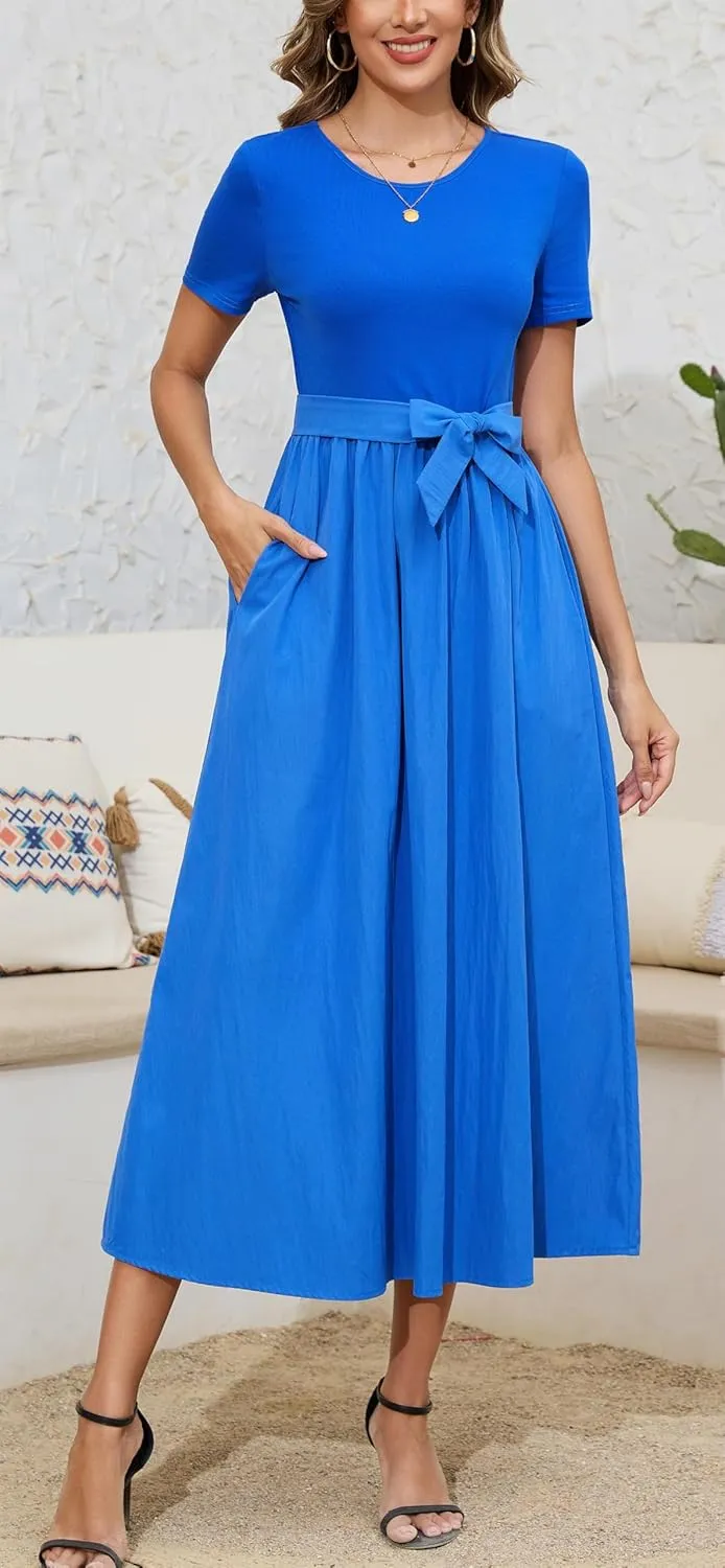 Kormei Women's Short Sleeve Maxi Dresses Casual Beach Party Long Flowy Dresses with Pockets