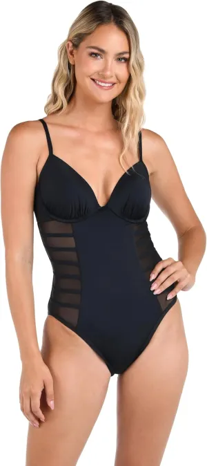 La Blanca Women's One Piece Swimsuit Underwire Mesh Tummy Control Island Goddess Bathing Suit
