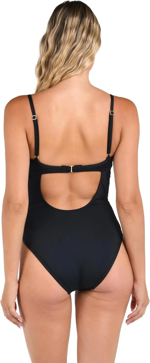 La Blanca Women's One Piece Swimsuit Underwire Mesh Tummy Control Island Goddess Bathing Suit
