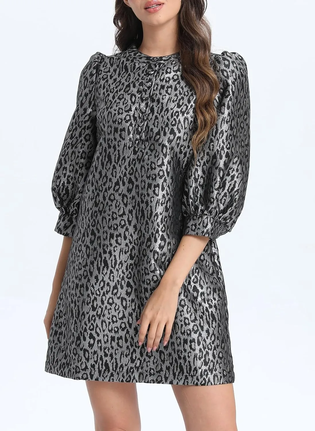 Ladyful Women's Floral Jacquard Dress Crewneck 3/4 Puff Sleeve Button Up Elegant Business Shift Mini Dress