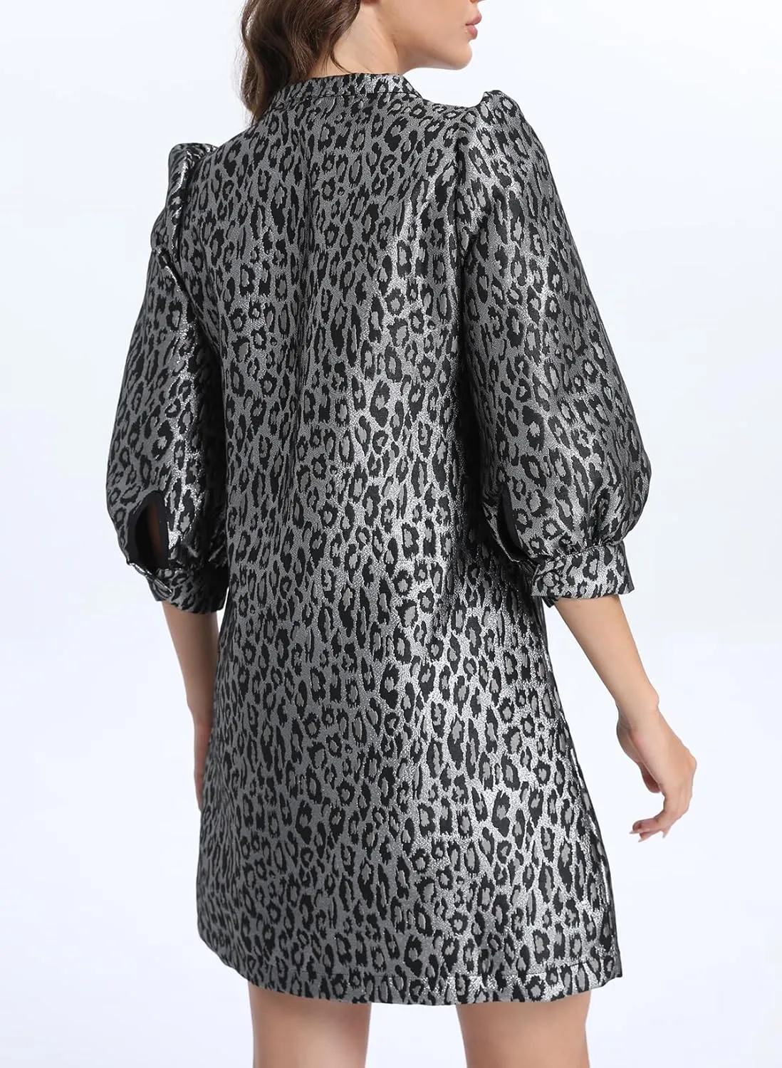Ladyful Women's Floral Jacquard Dress Crewneck 3/4 Puff Sleeve Button Up Elegant Business Shift Mini Dress