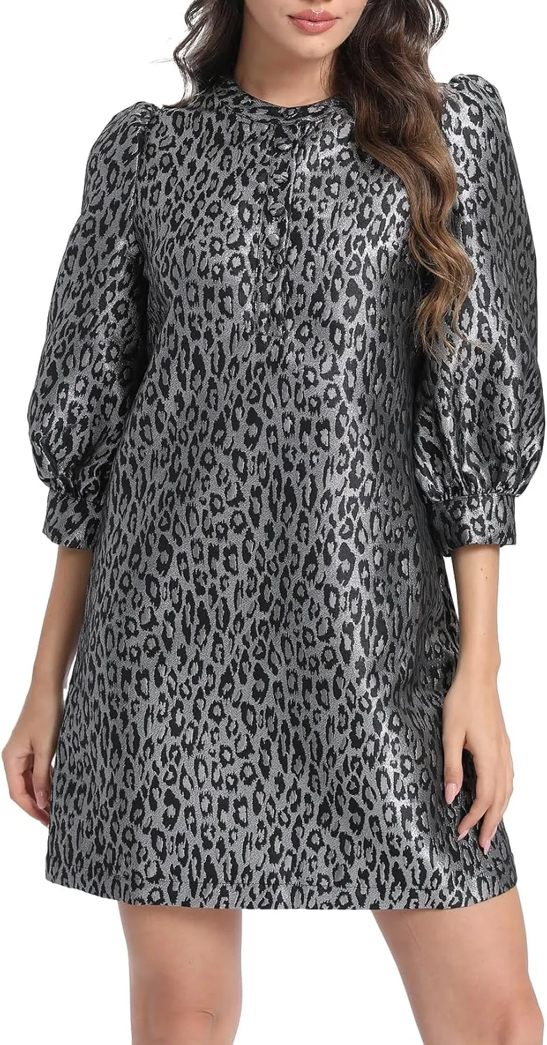 Ladyful Women's Floral Jacquard Dress Crewneck 3/4 Puff Sleeve Button Up Elegant Business Shift Mini Dress