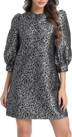 Ladyful Women's Floral Jacquard Dress Crewneck 3/4 Puff Sleeve Button Up Elegant Business Shift Mini Dress