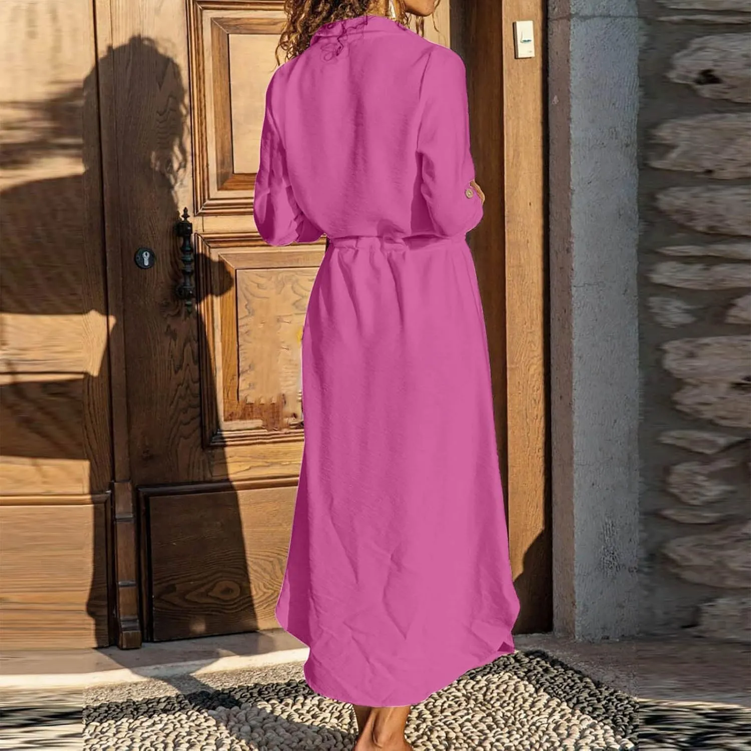 Linen Cotton Shirt Dresses for Women Button Down Drawstring Casual Dress Plain Long Maxi Dress Trendy Ladies Outfits