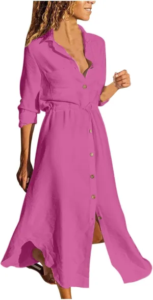 Linen Cotton Shirt Dresses for Women Button Down Drawstring Casual Dress Plain Long Maxi Dress Trendy Ladies Outfits