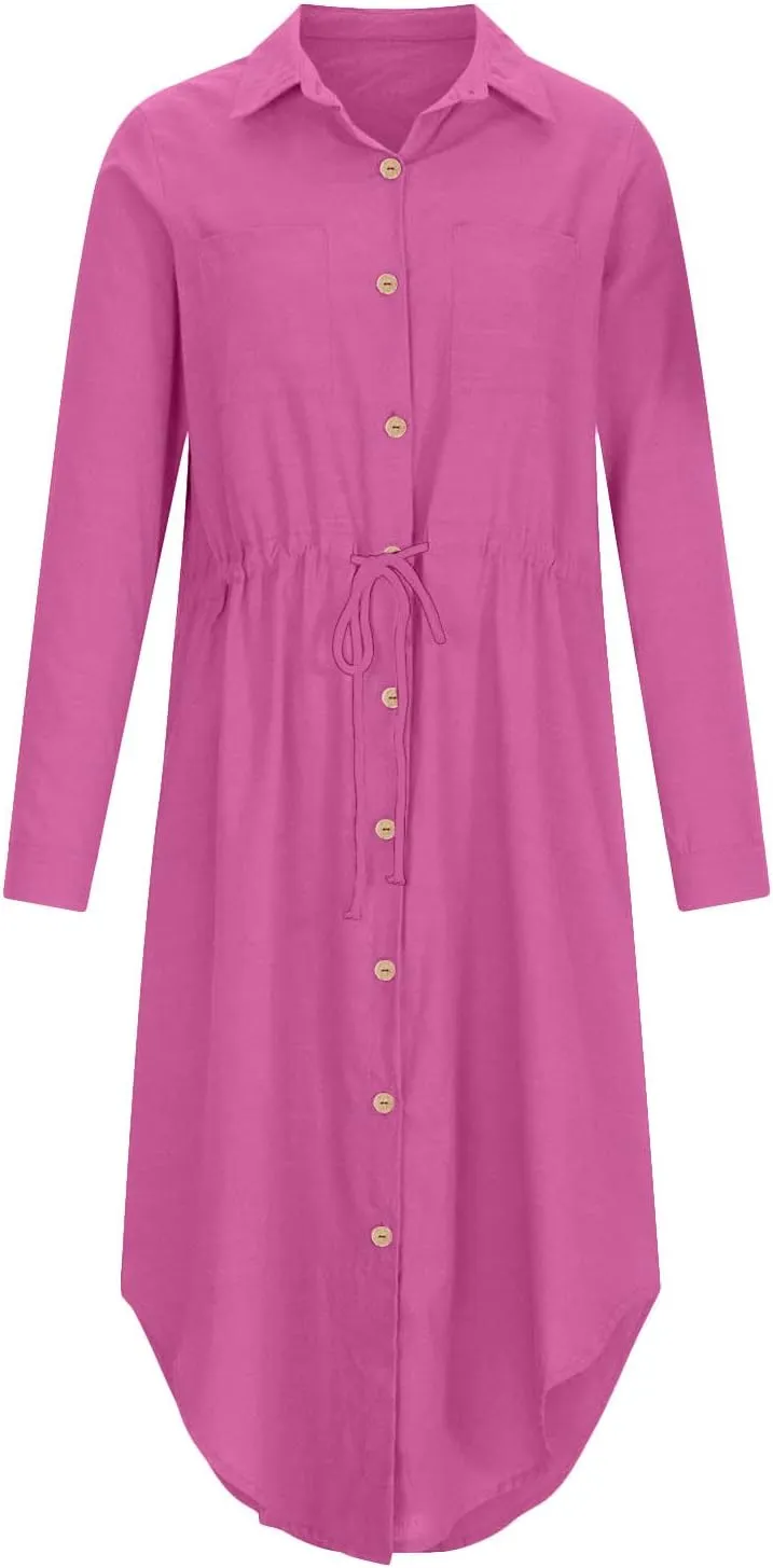Linen Cotton Shirt Dresses for Women Button Down Drawstring Casual Dress Plain Long Maxi Dress Trendy Ladies Outfits