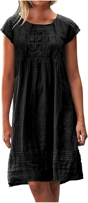Linen Dresses for Women 2025 Short Sleeve Summer Casual Midi Dress Ruched Spring Dresses Beach Sundress