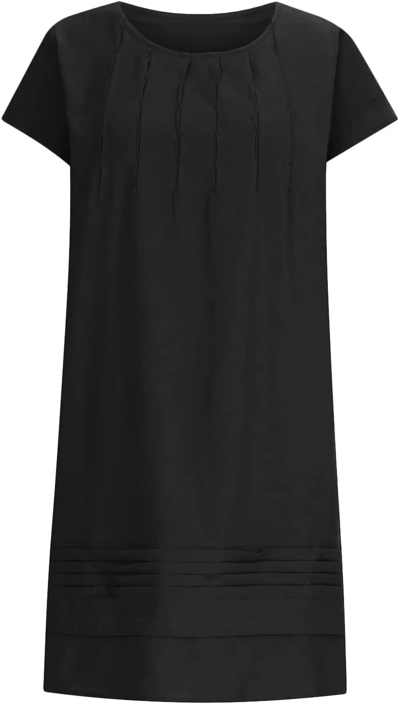 Linen Dresses for Women 2025 Short Sleeve Summer Casual Midi Dress Ruched Spring Dresses Beach Sundress