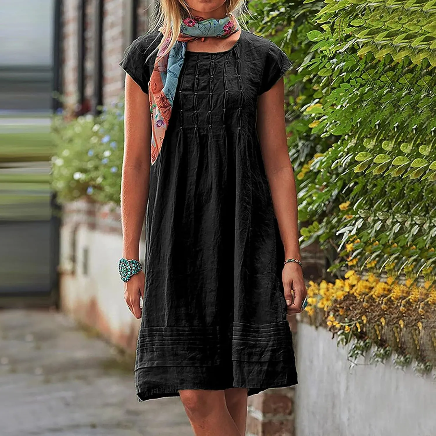 Linen Dresses for Women 2025 Short Sleeve Summer Casual Midi Dress Ruched Spring Dresses Beach Sundress