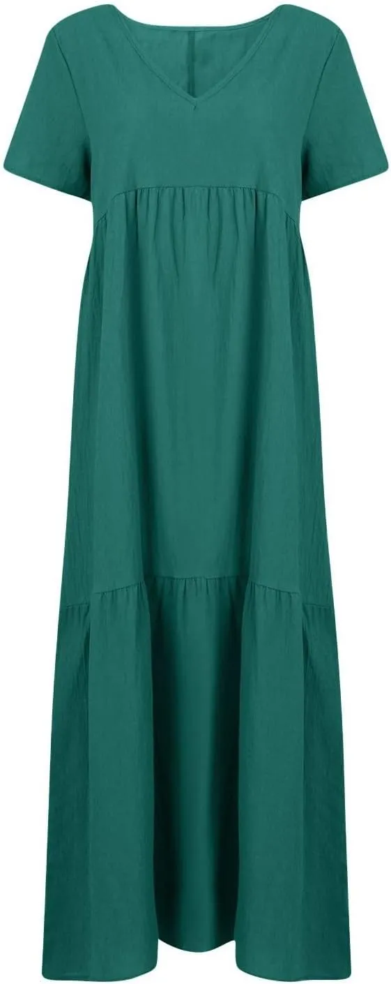 Linen Dresses for Women 2025 Summer Short Sleeve Cotton Sundresses Plus Size Flowy Casual Maxi Sundress Beach Dress