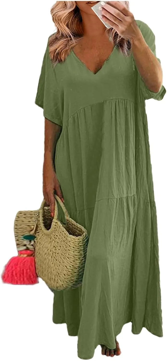 Linen Dresses for Women 2025 Summer Short Sleeve Cotton Sundresses Plus Size Flowy Casual Maxi Sundress Beach Dress