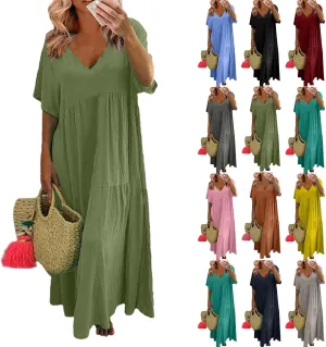 Linen Dresses for Women 2025 Summer Short Sleeve Cotton Sundresses Plus Size Flowy Casual Maxi Sundress Beach Dress