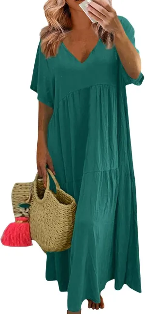 Linen Dresses for Women 2025 Summer Short Sleeve Cotton Sundresses Plus Size Flowy Casual Maxi Sundress Beach Dress