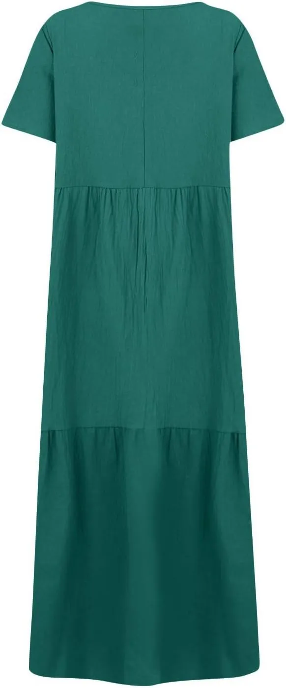 Linen Dresses for Women 2025 Summer Short Sleeve Cotton Sundresses Plus Size Flowy Casual Maxi Sundress Beach Dress