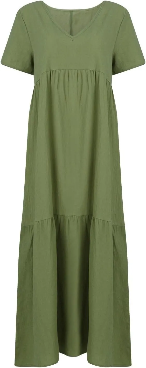 Linen Dresses for Women 2025 Summer Short Sleeve Cotton Sundresses Plus Size Flowy Casual Maxi Sundress Beach Dress
