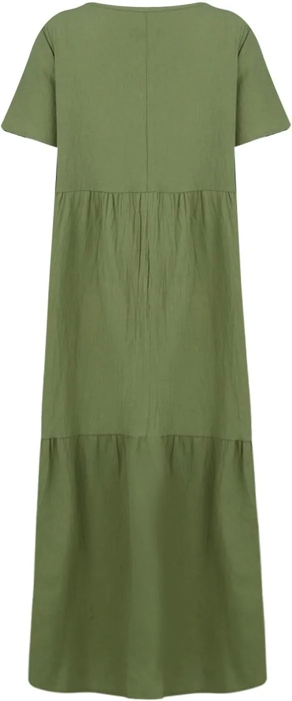 Linen Dresses for Women 2025 Summer Short Sleeve Cotton Sundresses Plus Size Flowy Casual Maxi Sundress Beach Dress