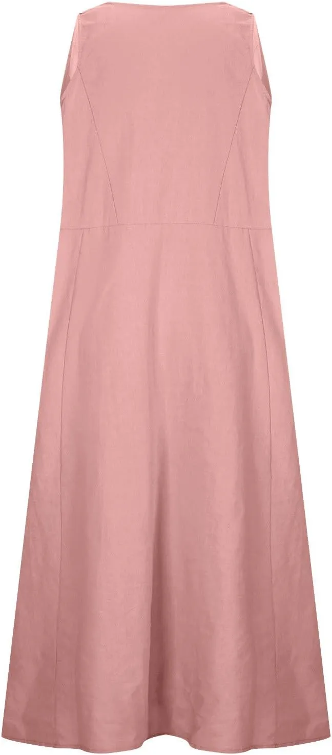 Linen Dresses for Women Summer Sleeveless Maxi Dresses Dressy Casual Crewneck Sun Dresses Trendy Summer Beach Outfits