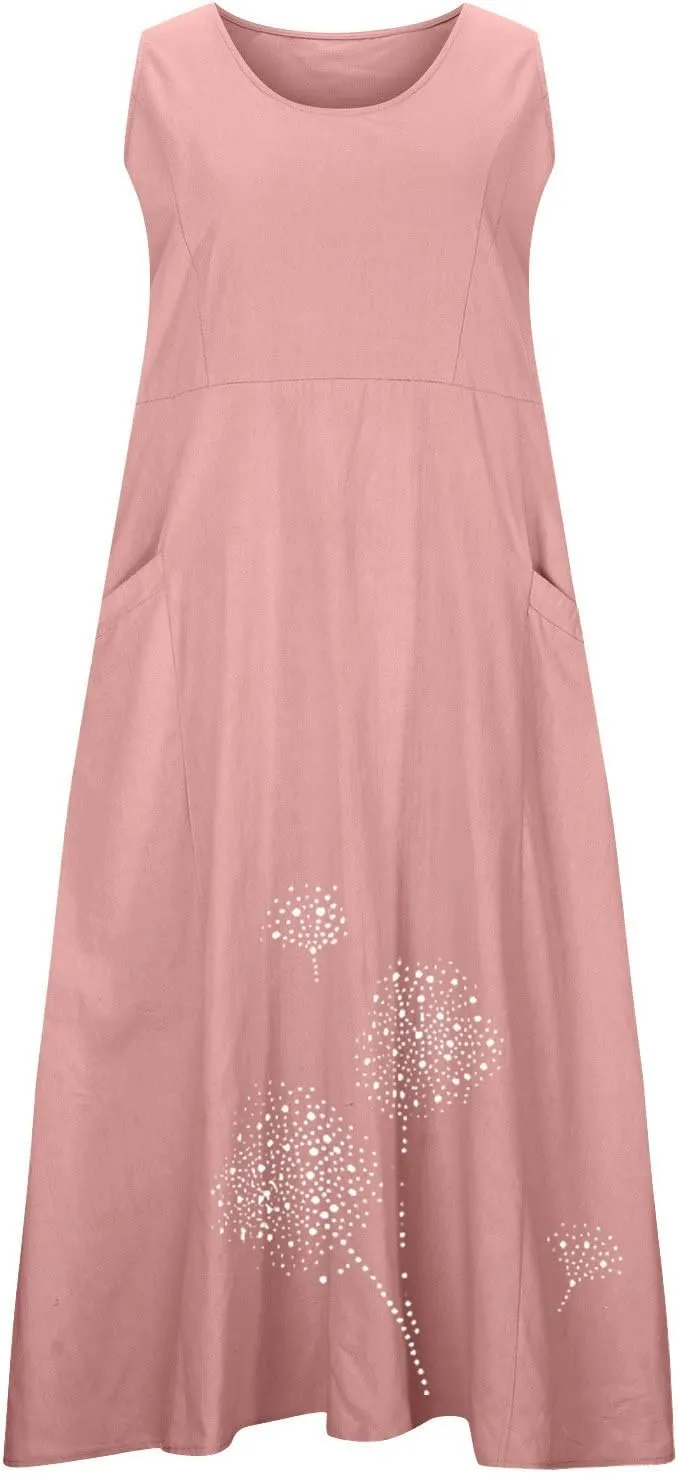 Linen Dresses for Women Summer Sleeveless Maxi Dresses Dressy Casual Crewneck Sun Dresses Trendy Summer Beach Outfits
