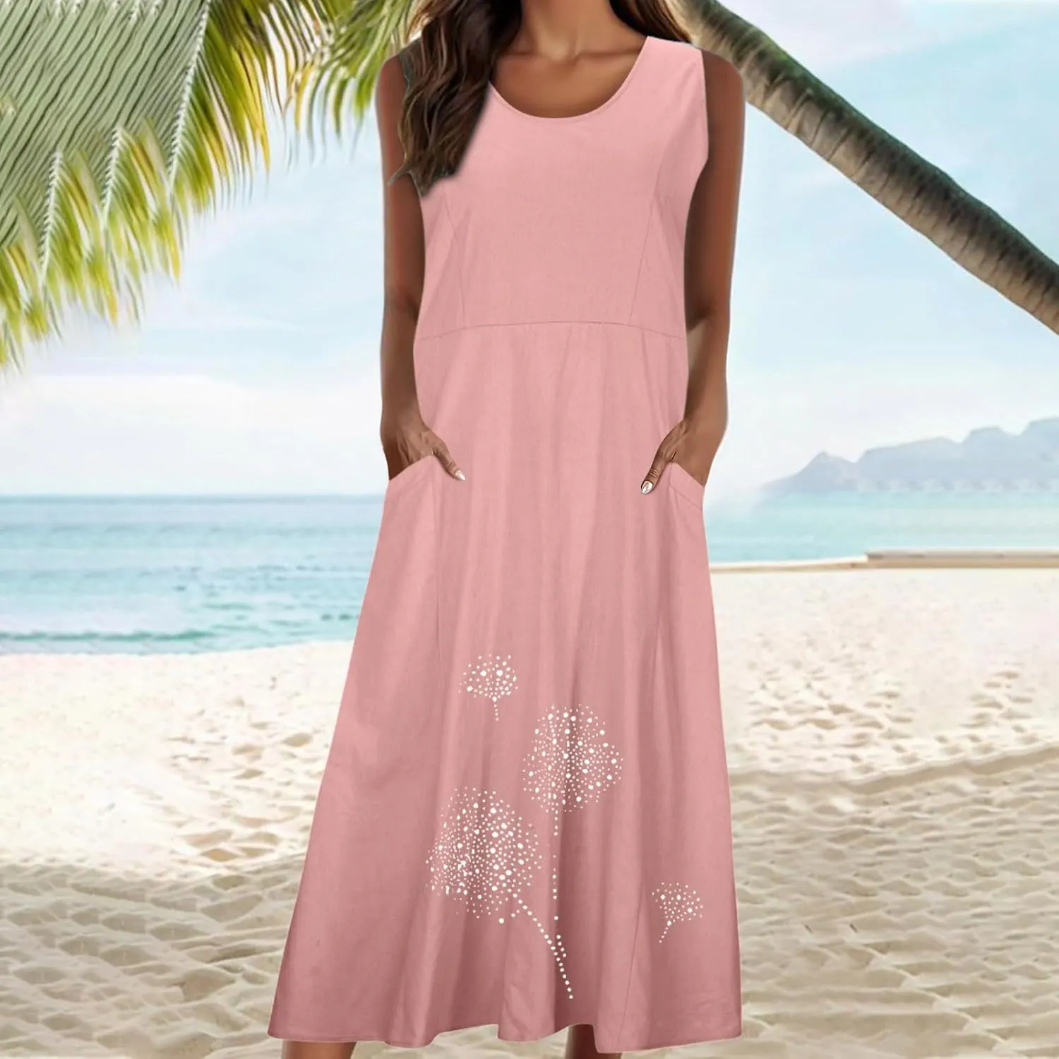 Linen Dresses for Women Summer Sleeveless Maxi Dresses Dressy Casual Crewneck Sun Dresses Trendy Summer Beach Outfits