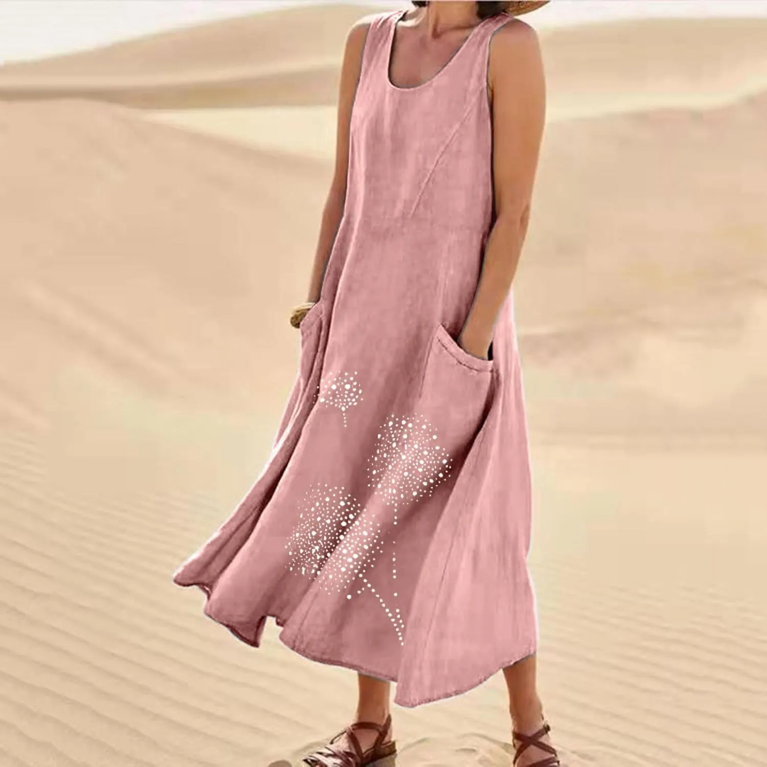 Linen Dresses for Women Summer Sleeveless Maxi Dresses Dressy Casual Crewneck Sun Dresses Trendy Summer Beach Outfits