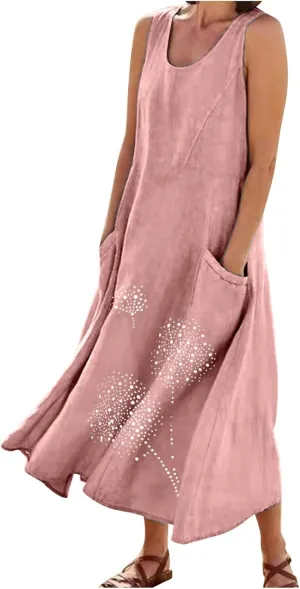 Linen Dresses for Women Summer Sleeveless Maxi Dresses Dressy Casual Crewneck Sun Dresses Trendy Summer Beach Outfits