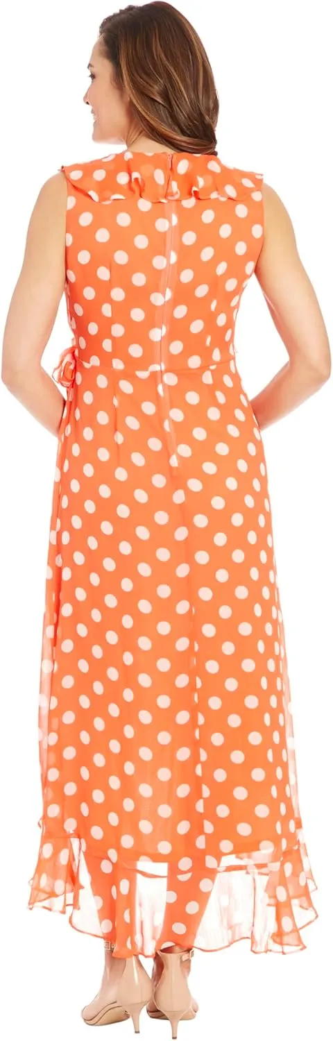 London Times Women's Dresses Sleeveless Ruffle Detail Faux Wrap Tie Midi Dress