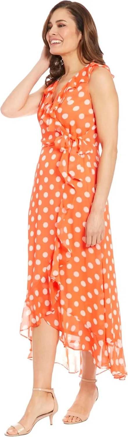 London Times Women's Dresses Sleeveless Ruffle Detail Faux Wrap Tie Midi Dress
