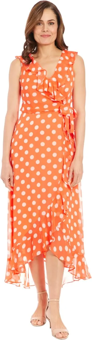 London Times Women's Dresses Sleeveless Ruffle Detail Faux Wrap Tie Midi Dress