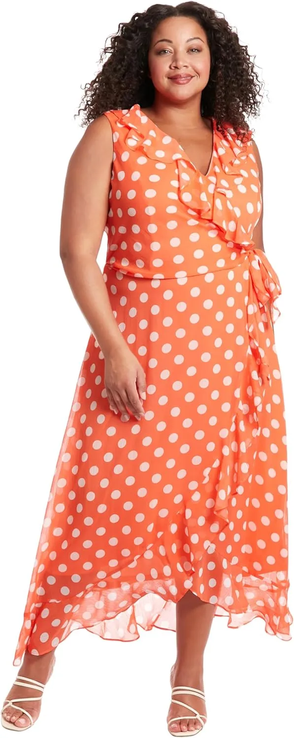 London Times Women's Dresses Sleeveless Ruffle Detail Faux Wrap Tie Midi Dress
