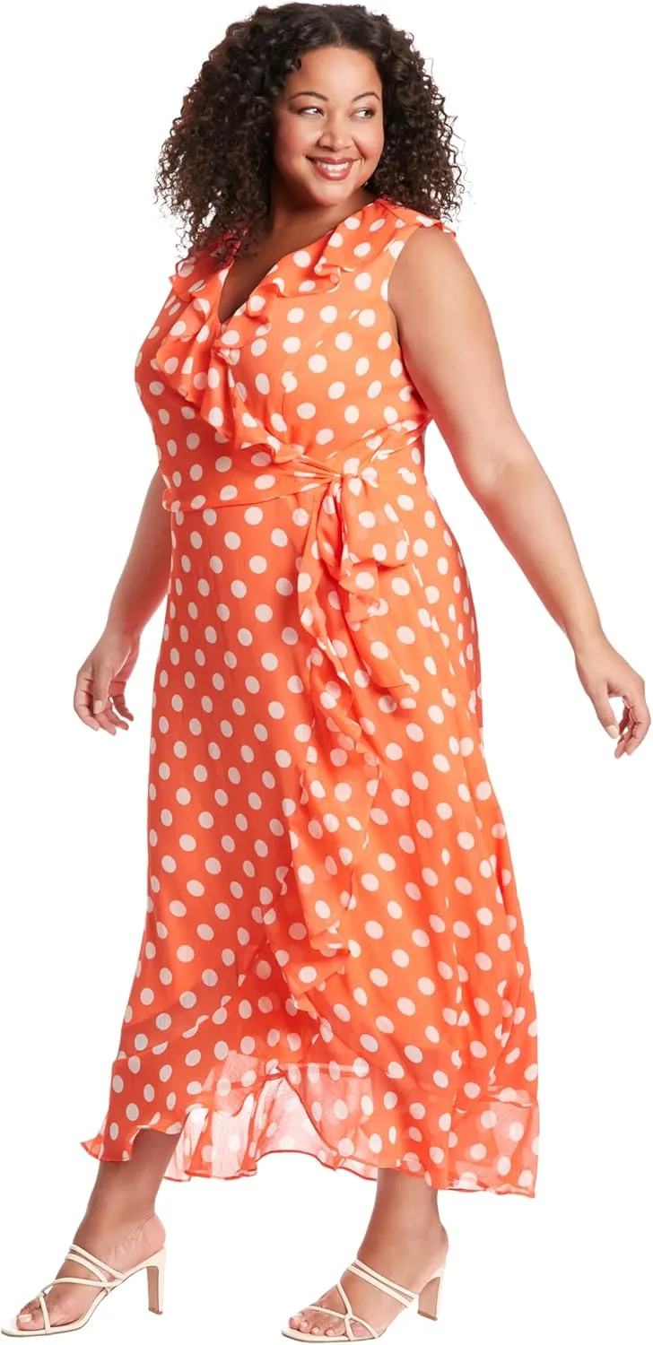 London Times Women's Dresses Sleeveless Ruffle Detail Faux Wrap Tie Midi Dress