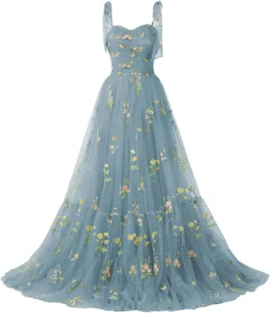 Long Flower Tulle Prom Dresses 2024 Spaghetti Straps Ball Gowns for Women WD204