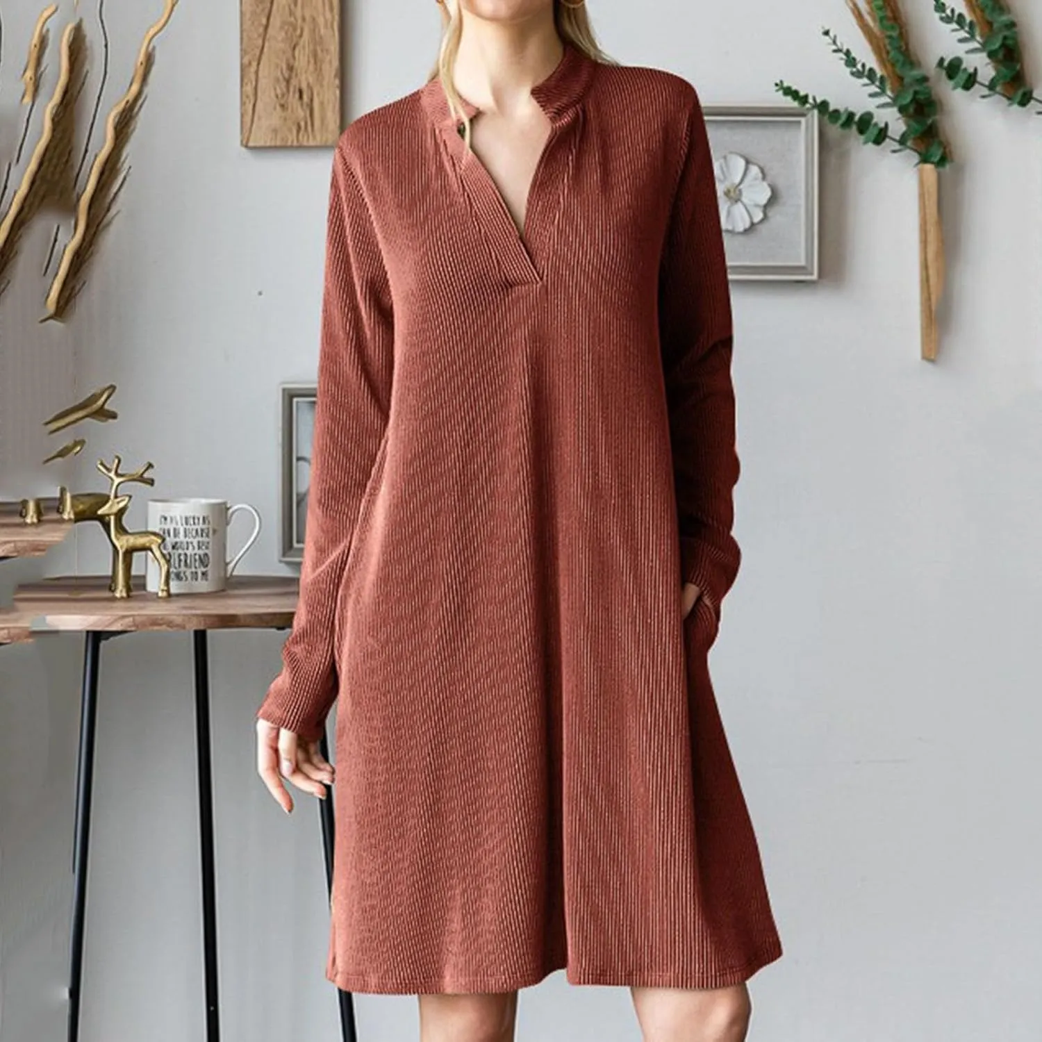 Long Sleeve Dress for Women V Neck Casual Loose Textured Mini Dresses 2025 Fashion Summer Sundress Shirt Dresses