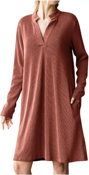 Long Sleeve Dress for Women V Neck Casual Loose Textured Mini Dresses 2025 Fashion Summer Sundress Shirt Dresses