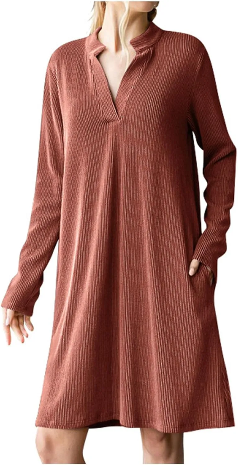 Long Sleeve Dress for Women V Neck Casual Loose Textured Mini Dresses 2025 Fashion Summer Sundress Shirt Dresses