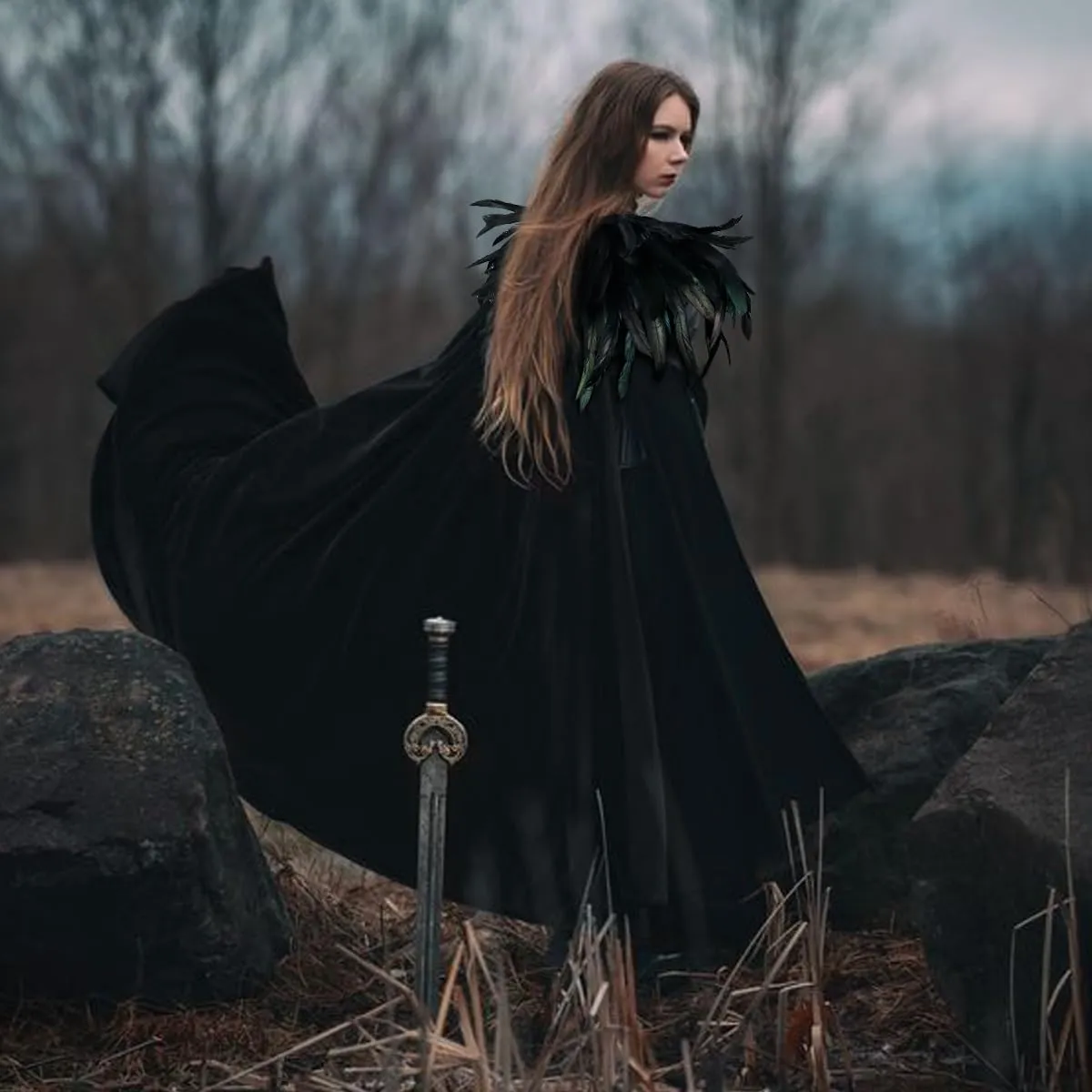 L'VOW Women Feather Collar Velvet Cloak Vampire Cape Witch Queen Cosplay Halloween Costume