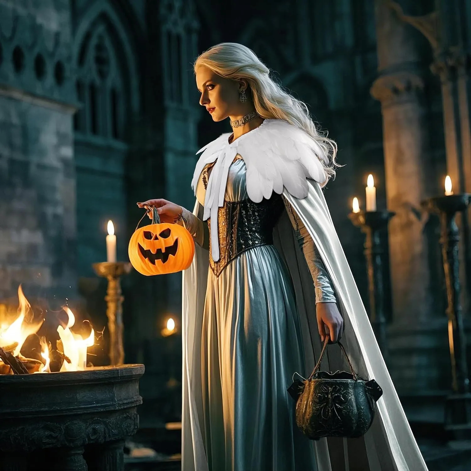 L'VOW Women Feather Collar Velvet Cloak Vampire Cape Witch Queen Cosplay Halloween Costume