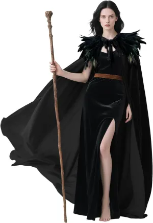 L'VOW Women Feather Collar Velvet Cloak Vampire Cape Witch Queen Cosplay Halloween Costume
