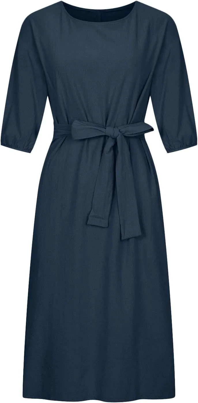 maisdgop Maxi Dresses for Women 2025 Trendy Summer Solid Mid Length Sundress Plus Size Short Sleeve Round Neck Beach Dress