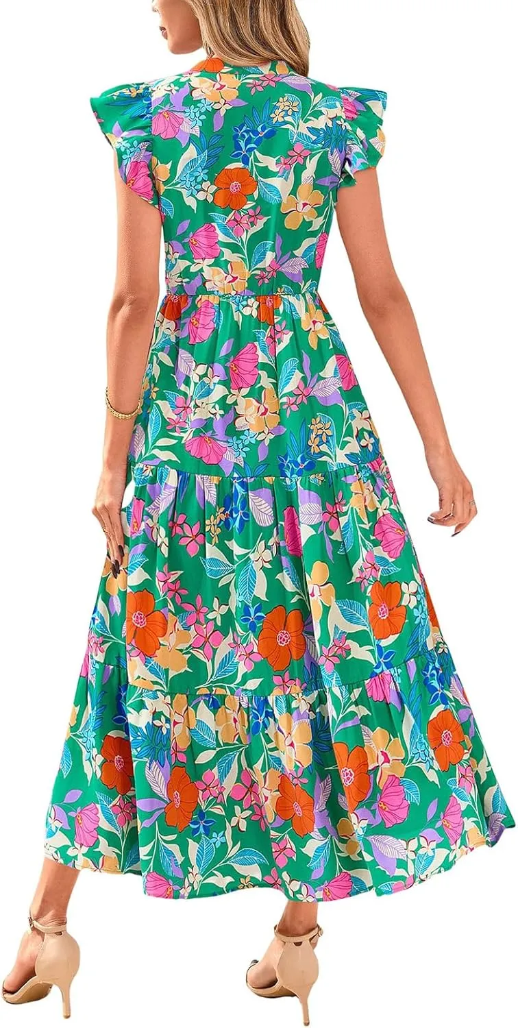 Maxi Dresses Casual Summer Wrap Maxi Dress Boho Floral Long Dresses V Neck Flutter Short Sleeve Ruffle Hem Swing Dress