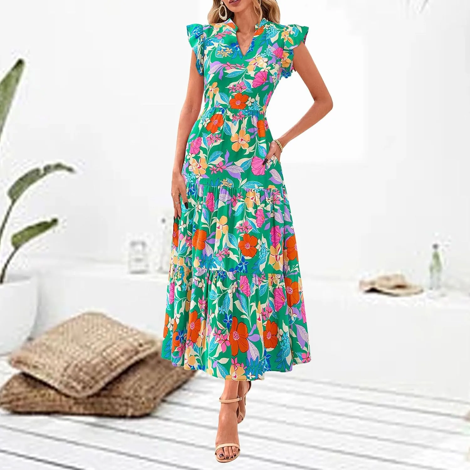 Maxi Dresses Casual Summer Wrap Maxi Dress Boho Floral Long Dresses V Neck Flutter Short Sleeve Ruffle Hem Swing Dress