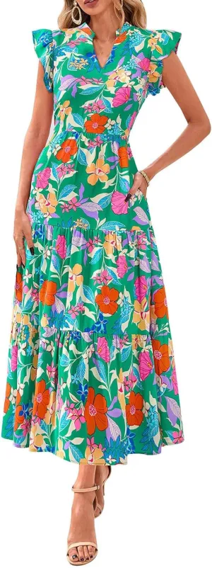 Maxi Dresses Casual Summer Wrap Maxi Dress Boho Floral Long Dresses V Neck Flutter Short Sleeve Ruffle Hem Swing Dress