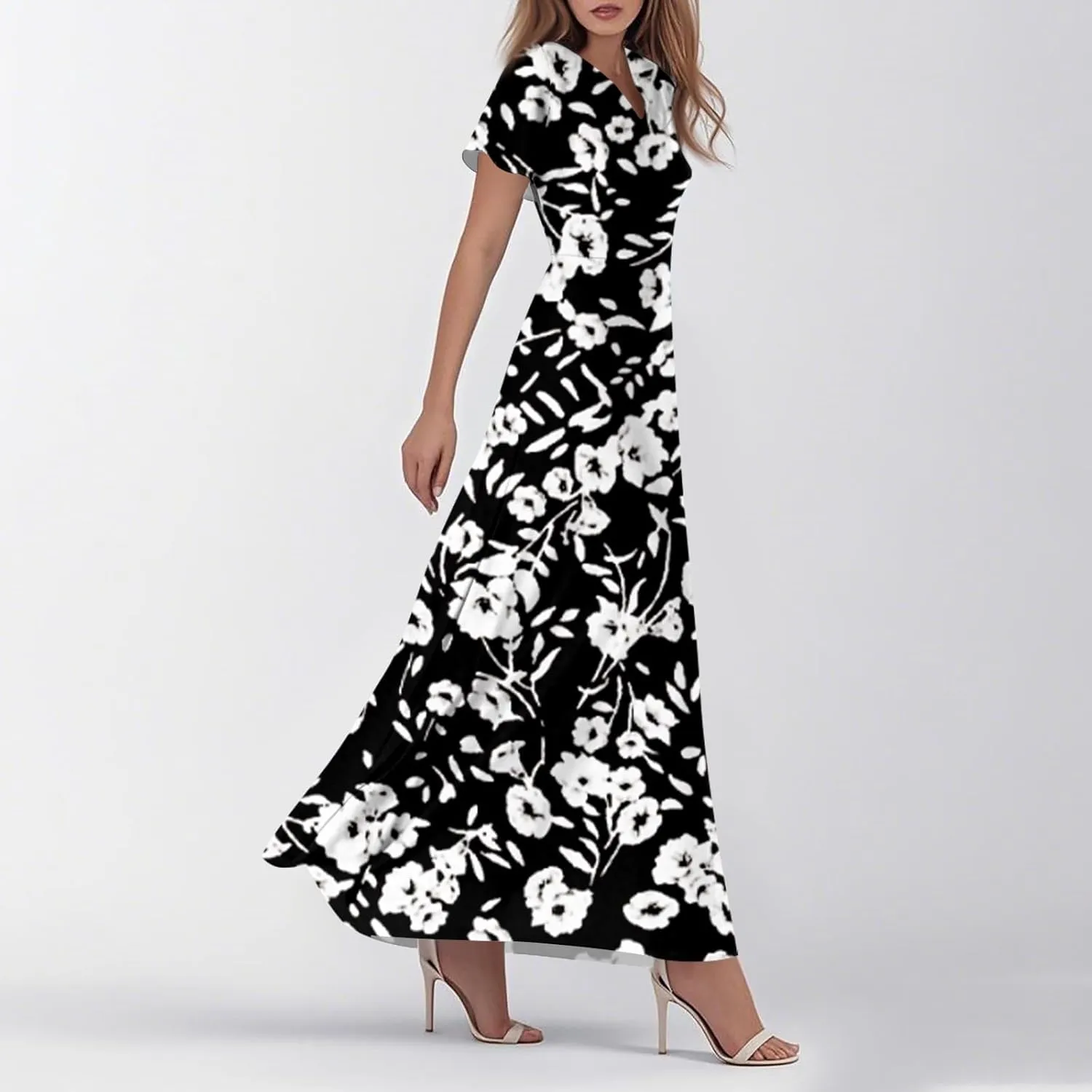 Maxi Dresses for Women 2025 Summer Ruffle Short Sleeve Floral Dress Flowy V Neck Chiffon Maxi Dress Printed Dresses