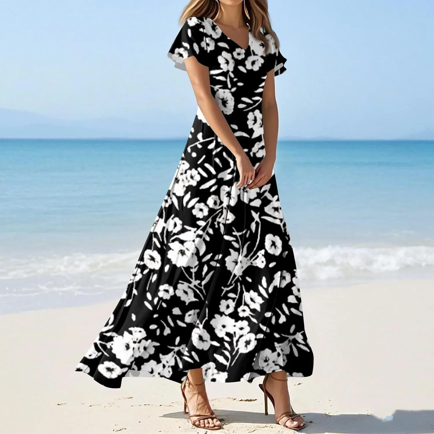Maxi Dresses for Women 2025 Summer Ruffle Short Sleeve Floral Dress Flowy V Neck Chiffon Maxi Dress Printed Dresses