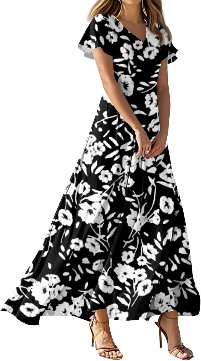 Maxi Dresses for Women 2025 Summer Ruffle Short Sleeve Floral Dress Flowy V Neck Chiffon Maxi Dress Printed Dresses