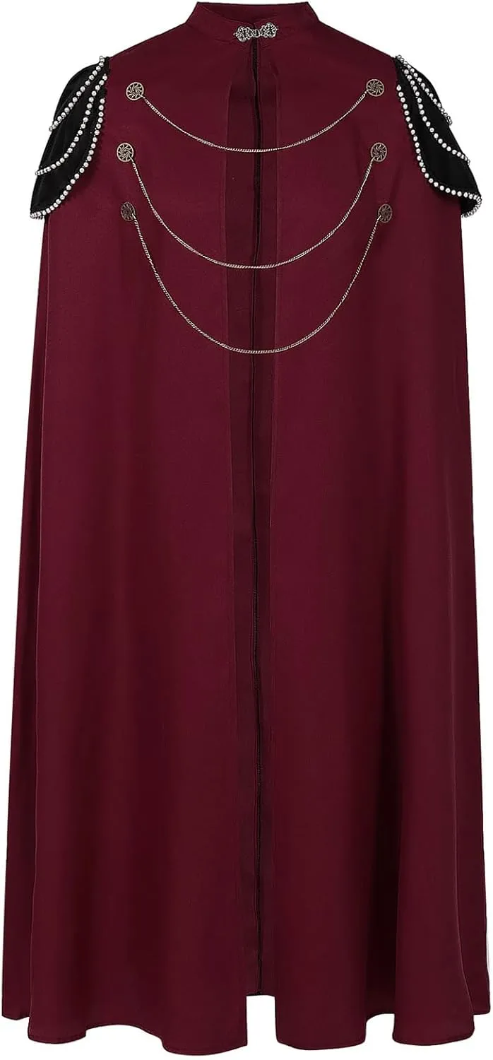 Medieval Long Cape with Beaded Shoulder Burgundy Vintage Costume High Neck Cloak