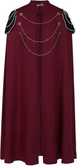 Medieval Long Cape with Beaded Shoulder Burgundy Vintage Costume High Neck Cloak
