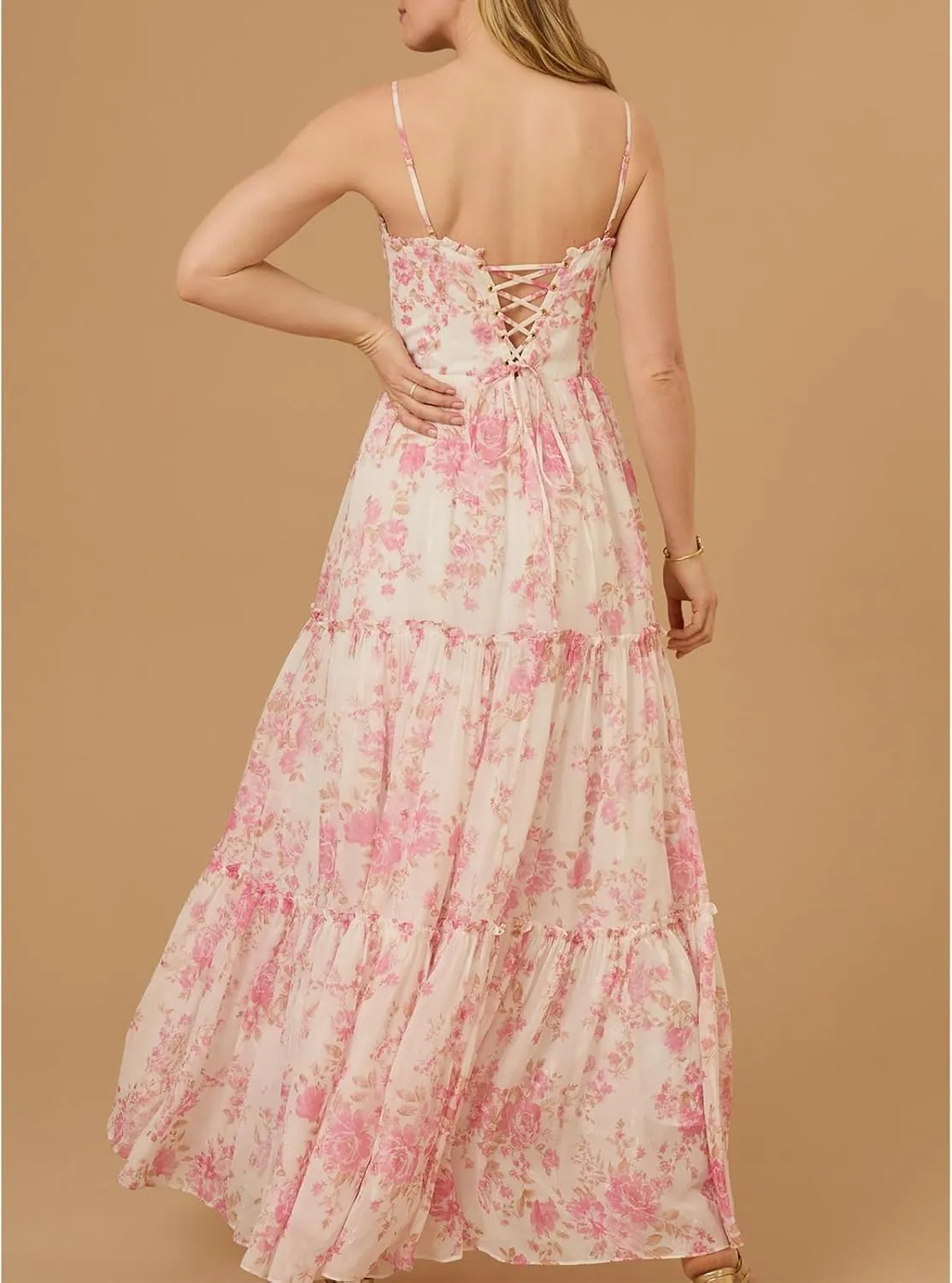 Meiweileya Women Spaghetti Strap Maxi Dress Y2k Floral Lace Trim Ruffle Long Dress Boho Patchwork Flowy Summer Beach Sundress