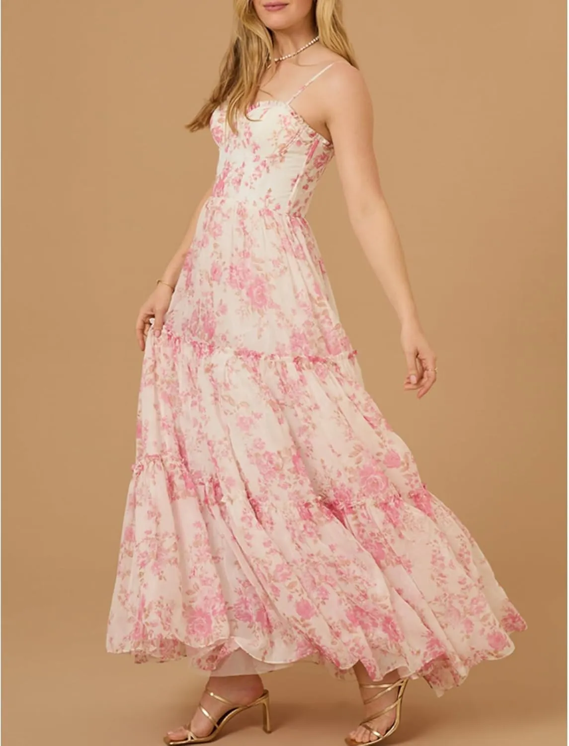 Meiweileya Women Spaghetti Strap Maxi Dress Y2k Floral Lace Trim Ruffle Long Dress Boho Patchwork Flowy Summer Beach Sundress