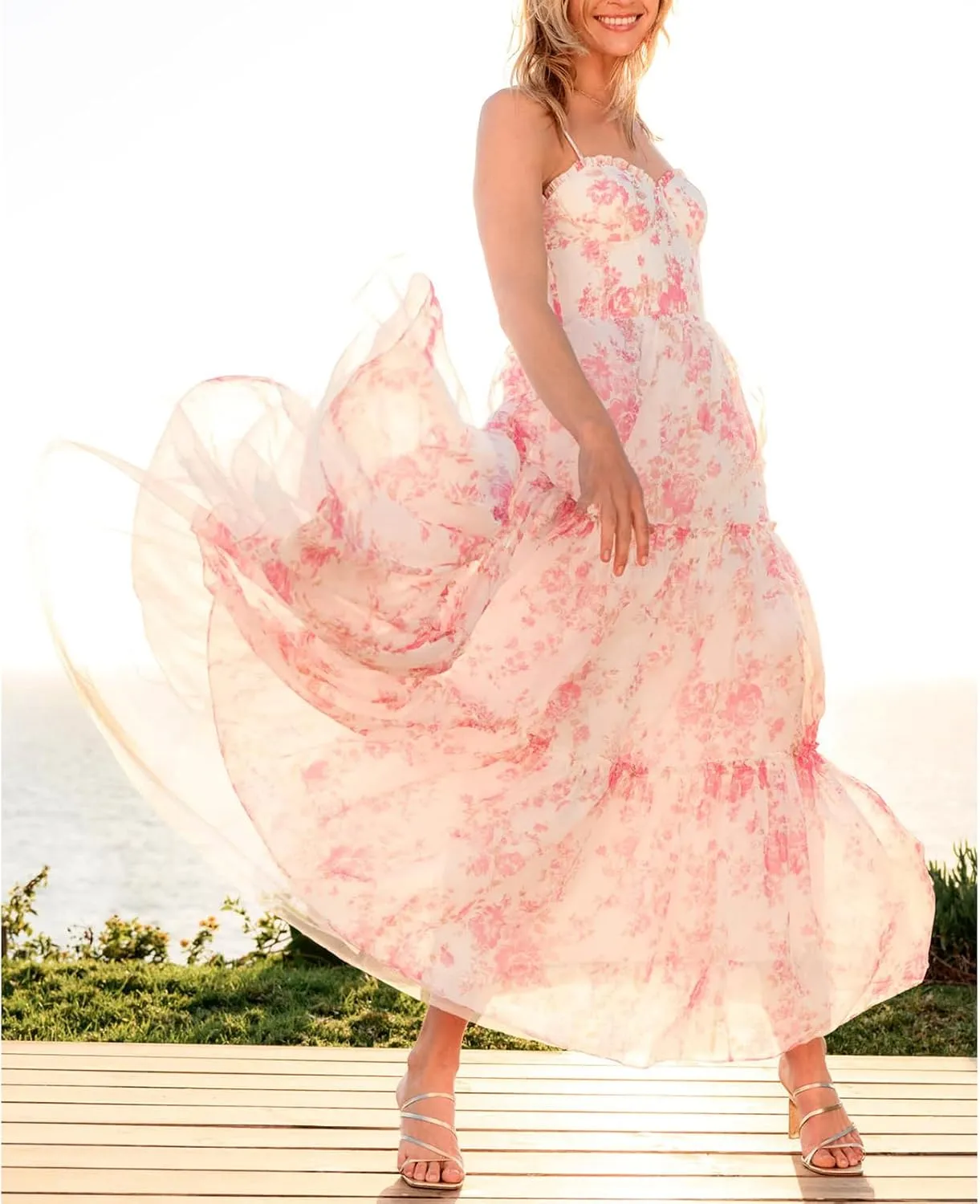 Meiweileya Women Spaghetti Strap Maxi Dress Y2k Floral Lace Trim Ruffle Long Dress Boho Patchwork Flowy Summer Beach Sundress