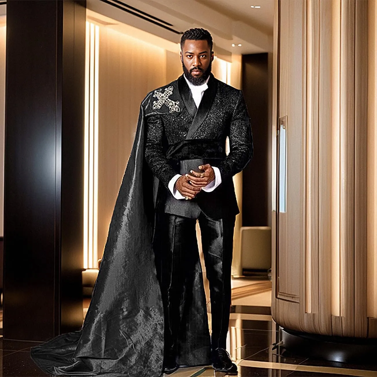Men's Formal Suit 3 Pieces Paisley Blazer, Black Pants, and Removable Cape